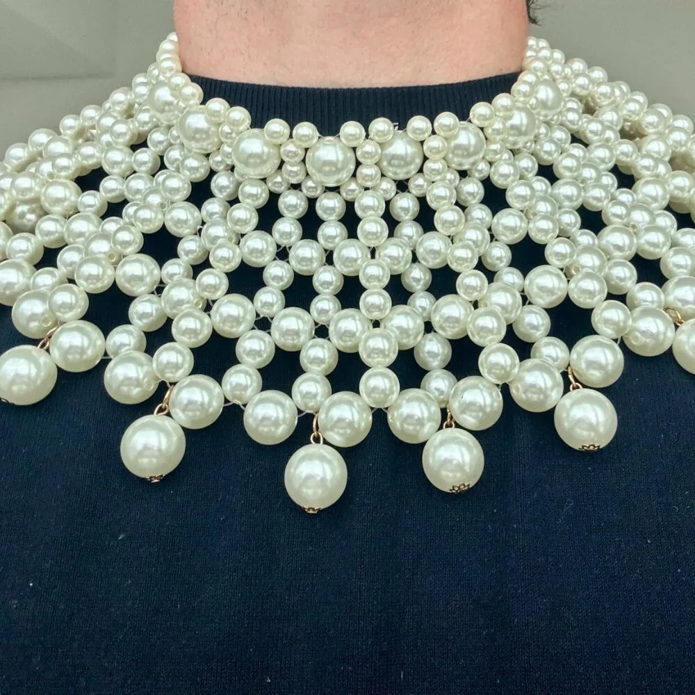 White Pearl Layered  Choker Statement Necklace - Picture 2 of 4